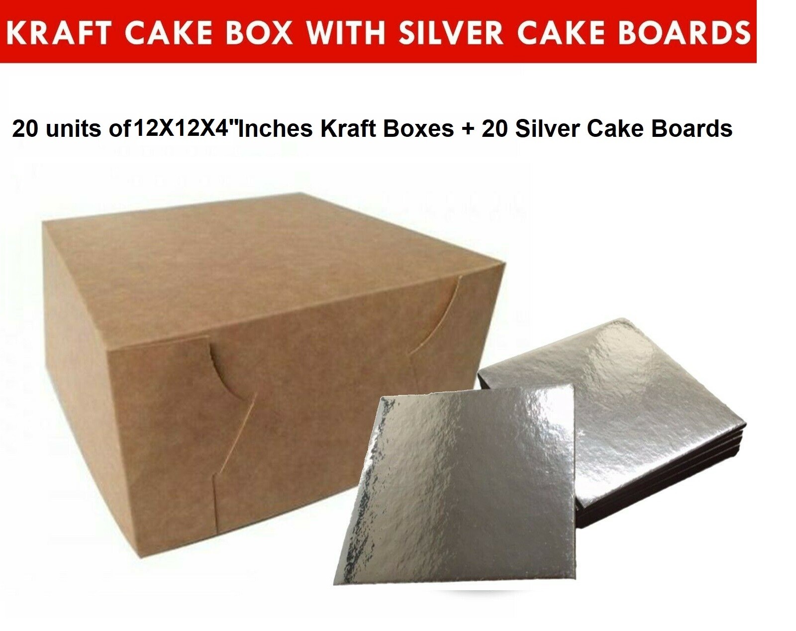 Kraft Cake Boxes with Square boards - 12" x 12" x 4" ($4.2/pc x 20 units)